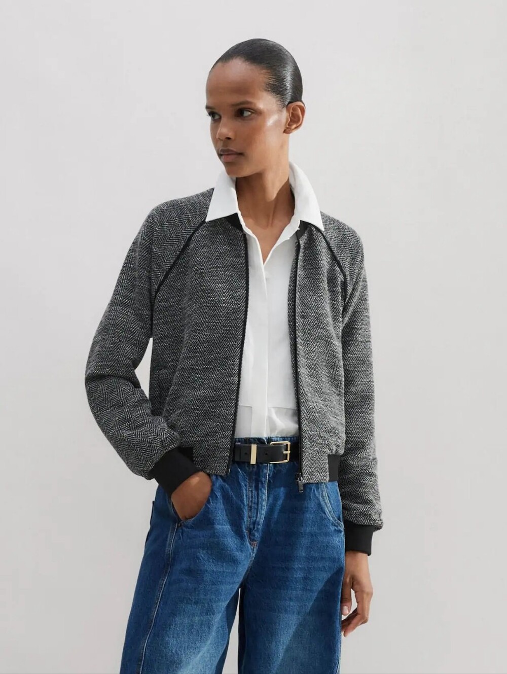 ME+EM Herringbone Jacquard Jersey Bomber Jacket Black Size 6